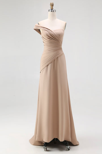 Light Khaki One Shoulder Pleated Sheath Formal Dress